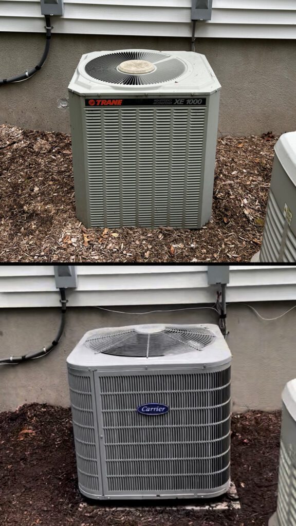 Photo shows a trane air conditioner condenser that was replaced with a new installation of a carrier air conditioner condenser unit.